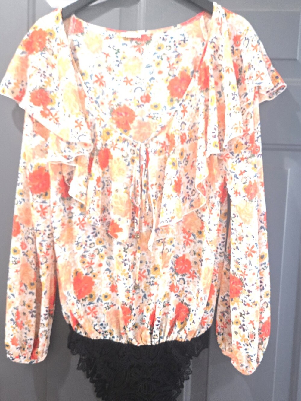 Free People Cream Floral Ruffle Blouse with Orange Print